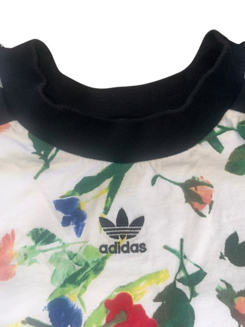 Adidas Women’s Floral Print Cropped Tee with Striped Shoulders - White/Multi - Picture 4 of 6